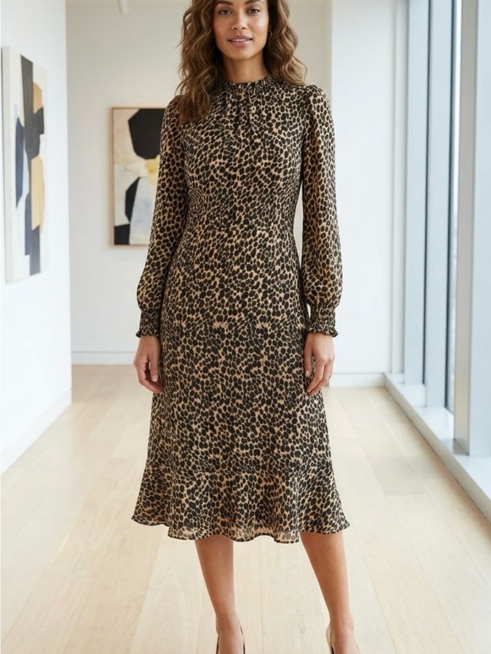 J. Crew Brown Leopard Print Long-Sleeve Midi Dress